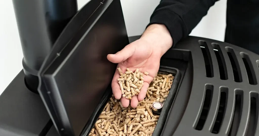 Pilleovn, træpiller og hånd